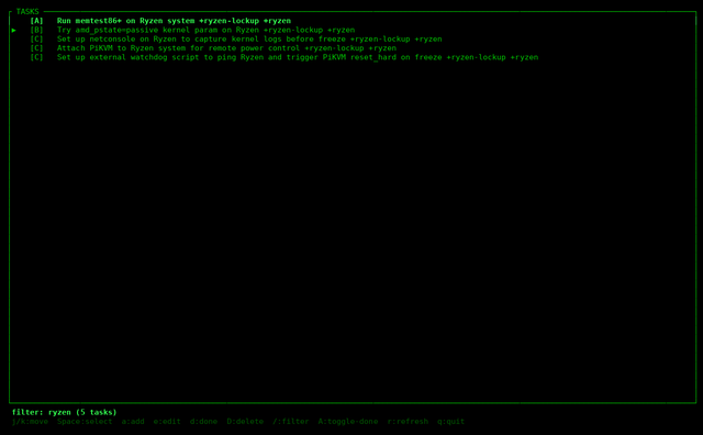 todotui with regex filter 'ryzen' applied, showing 5 matching tasks