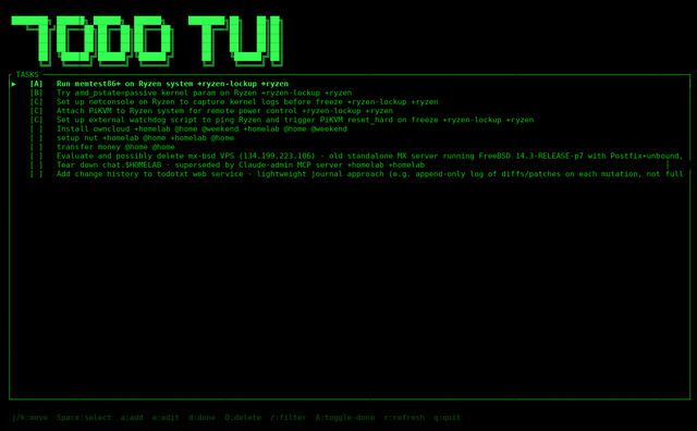 todotui startup screen showing ASCII art header and task list